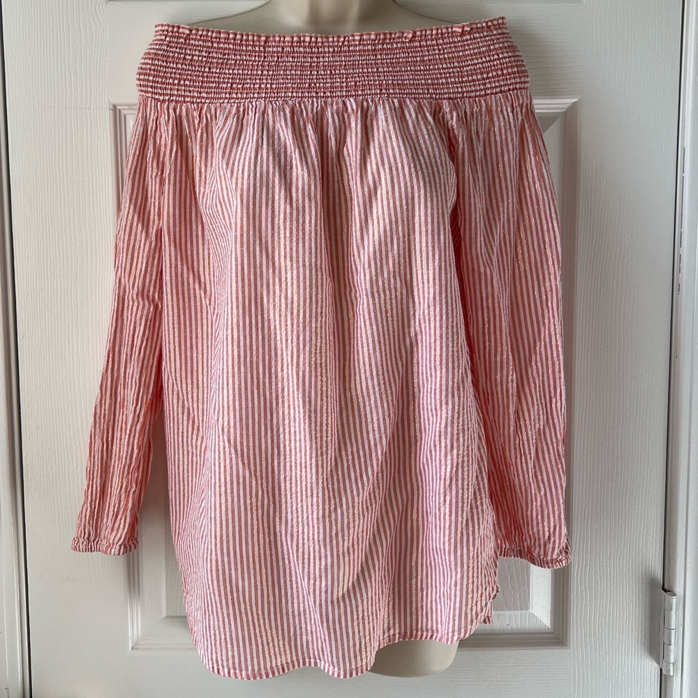 Michael Kors White and Peach Pinstriped Long Sleeve Blouse |Size Medium